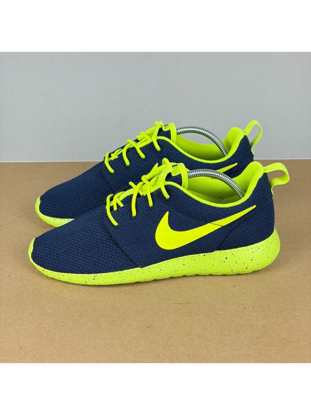 Nike Roshe One Nike ID Custom Athletic Shoes Womens 7.5 Navy Blue Neon Green